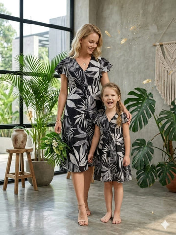 Mom & Me Black Leaf Printed Cotton Umbrella Style A-Line Dress with Drawstring Waist
