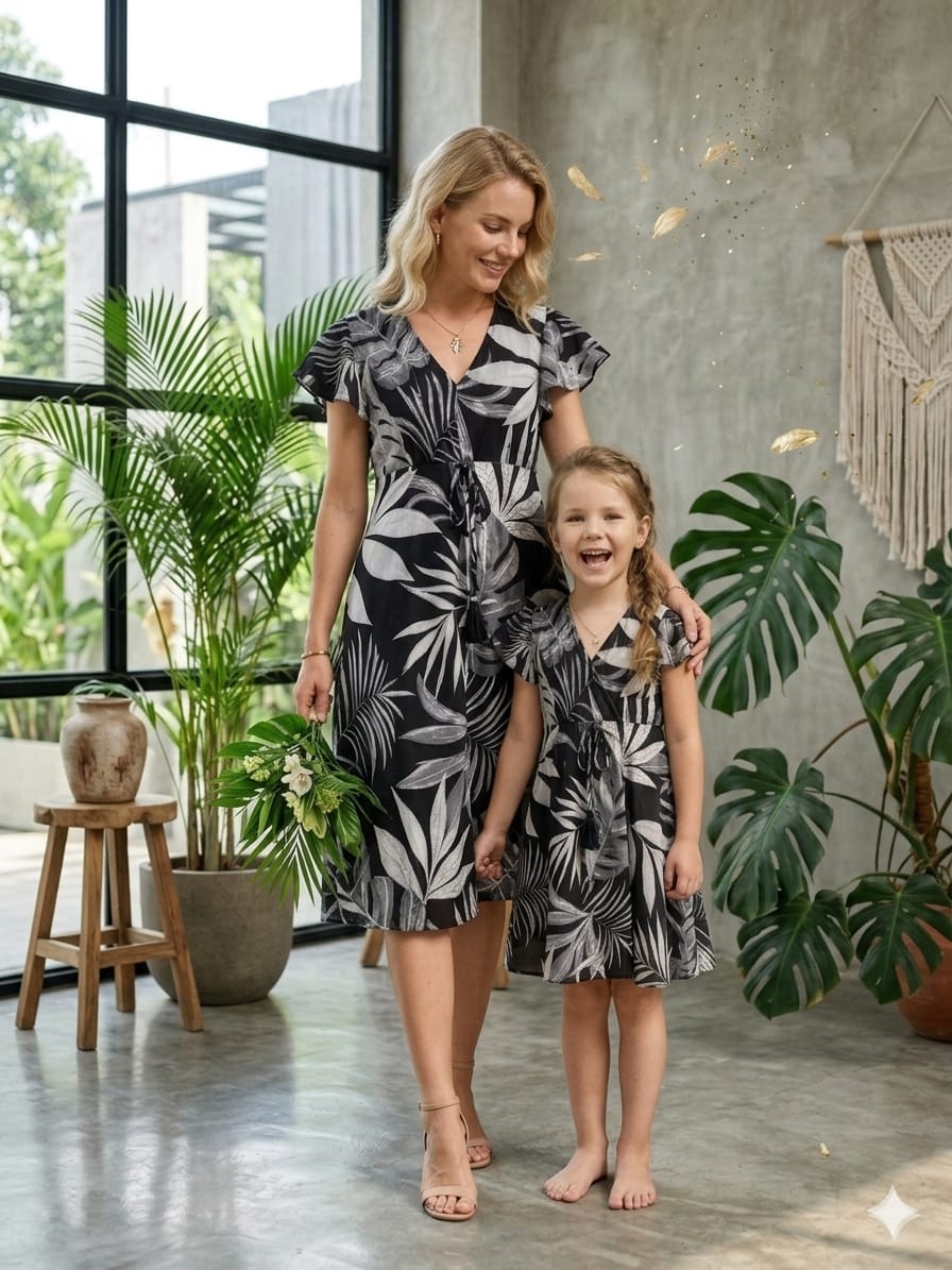Mom & Me Black Leaf Printed Cotton Umbrella Style A-Line Dress with Drawstring Waist