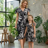 Mom & Me Black Leaf Printed Cotton Umbrella Style A-Line Dress with Drawstring Waist