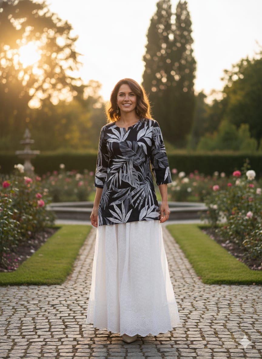Women’s Black Leaf Printed Cotton Kurta with Chikankari Flared Skirt Set