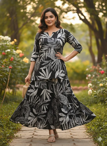 Women’s Black Leaf Printed Cotton Kurta with Flared Skirt Set