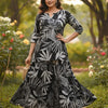 Women’s Black Leaf Printed Cotton Kurta with Flared Skirt Set