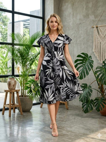 Women’s Black Leaf Printed Cotton Umbrella Style A-Line Dress with Drawstring Waist