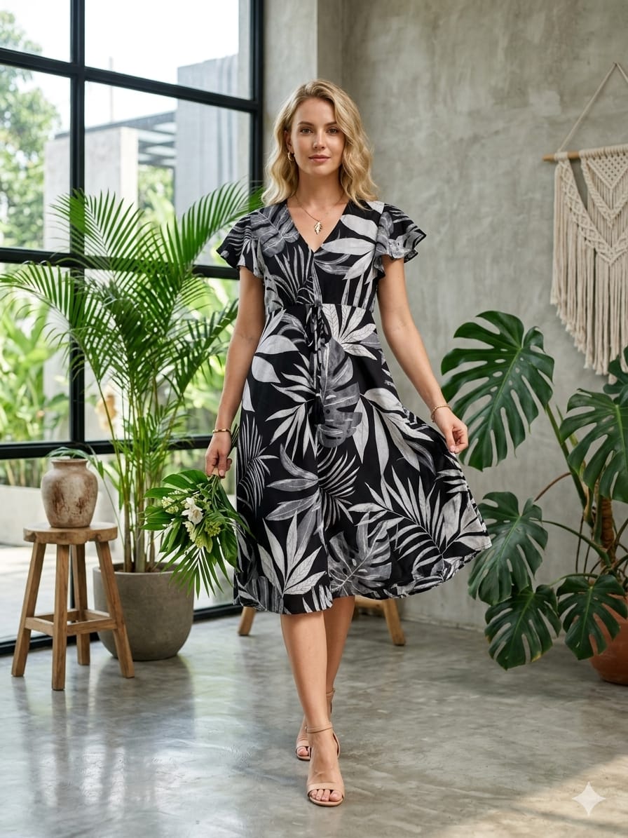 Women’s Black Leaf Printed Cotton Umbrella Style A-Line Dress with Drawstring Waist