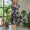 Women’s Black Leaf Printed Cotton Umbrella Style A-Line Dress with Drawstring Waist