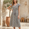 Women’s Black Spiral Printed Cotton Umbrella Style A-Line Dress with Drawstring Waist