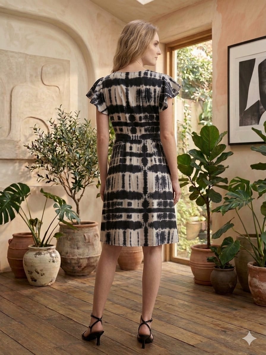 Baby Girls Black Tie-Dye Printed Rayon Umbrella Style A-Line Dress with Drawstring Waist