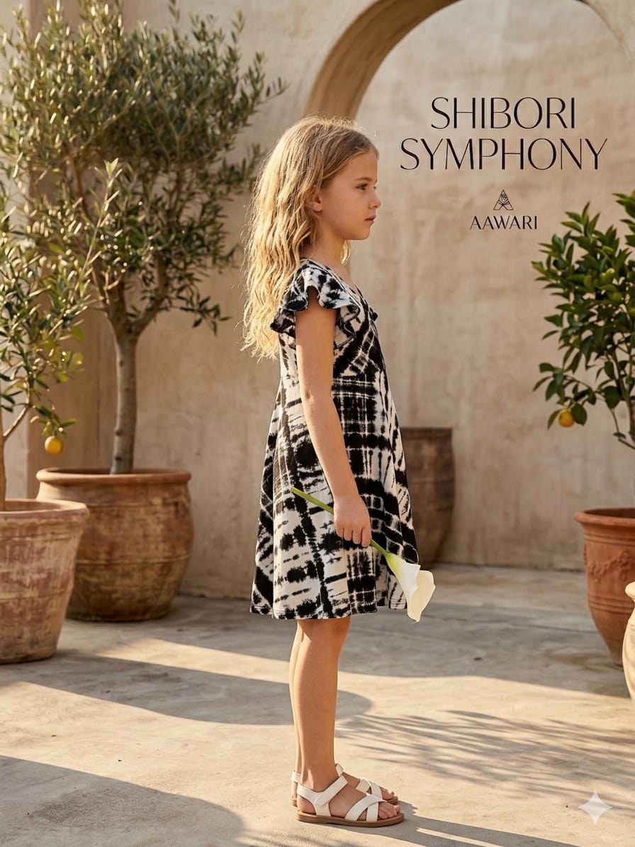 Mom & Me Black Tie-Dye Rayon Printed Umbrella Style A-Line Dress with Drawstring Waist