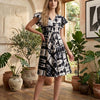 Women’s Black Tie-Dye Printed Rayon Umbrella Style A-Line Dress with Drawstring Waist