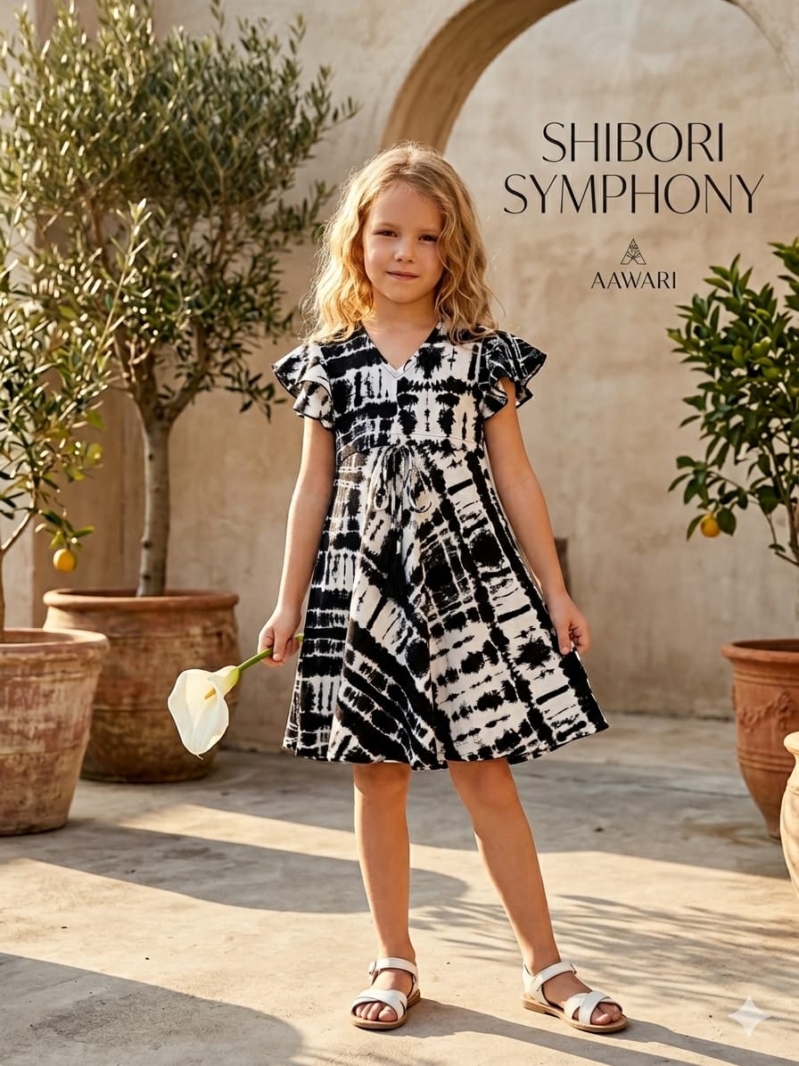 Mom & Me Black Tie-Dye Rayon Printed Umbrella Style A-Line Dress with Drawstring Waist