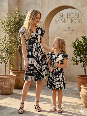 Mom & Me Black Tie-Dye Rayon Printed Umbrella Style A-Line Dress with Drawstring Waist