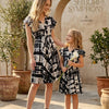Mom & Me Black Tie-Dye Rayon Printed Umbrella Style A-Line Dress with Drawstring Waist