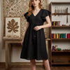 Women’s Black Rayon Umbrella Style A-Line Dress with Drawstring Waist