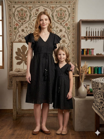 Mom & Me Black Rayon Umbrella Style A-Line Dress with Drawstring Waist