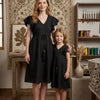 Mom & Me Black Rayon Umbrella Style A-Line Dress with Drawstring Waist