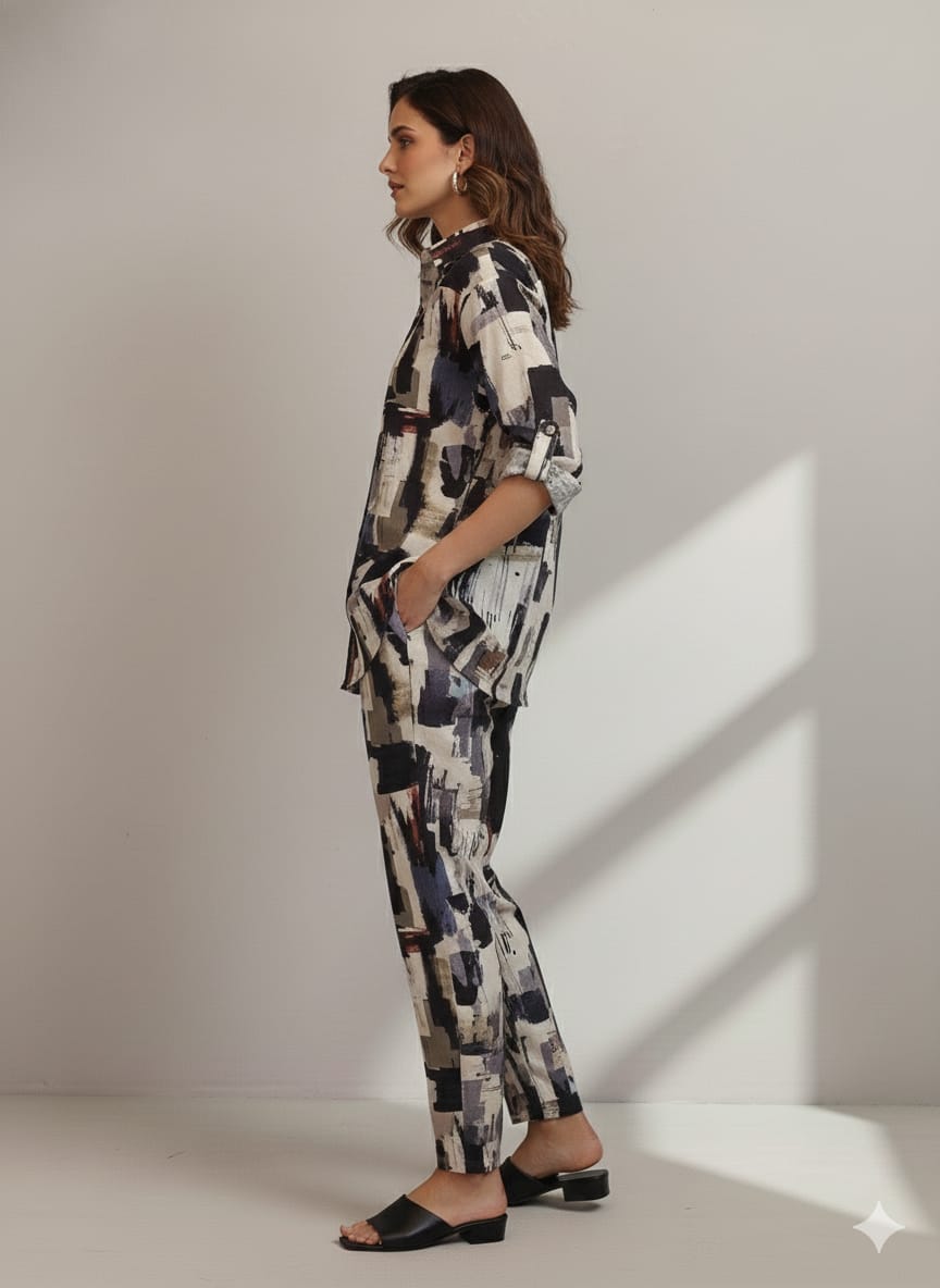 Women’s Abstract Printed Cotton Shirt & Pant Co-Ord Set