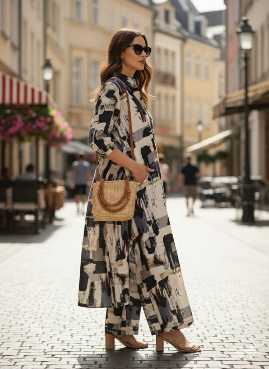 Women's Black Abstract Print Cotton Button-Down Long Shirt Kurta Set