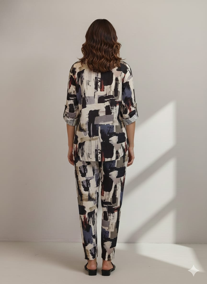 Women’s Abstract Printed Cotton Shirt & Pant Co-Ord Set