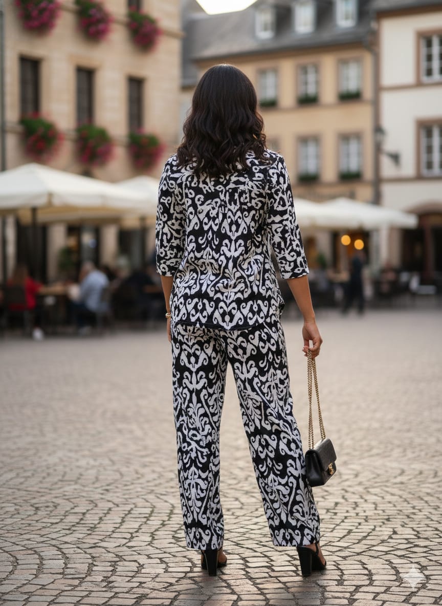Women’s Black Ikkat Printed Cotton Shirt & Pant Co-Ord Set