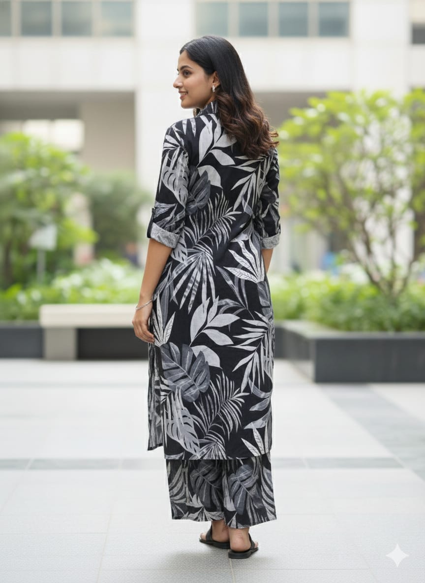 Women’s Black Leaf Printed Cotton Kurta Set with Straight Pants
