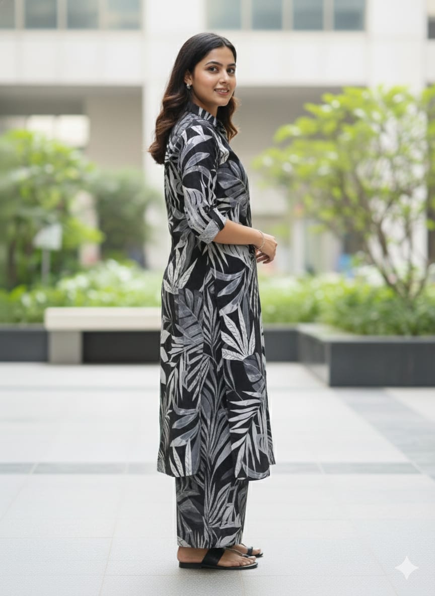 Women’s Black Leaf Printed Cotton Kurta Set with Straight Pants