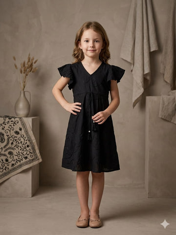 Baby Girls Black Rayon Umbrella Style A-Line Dress with Drawstring Waist