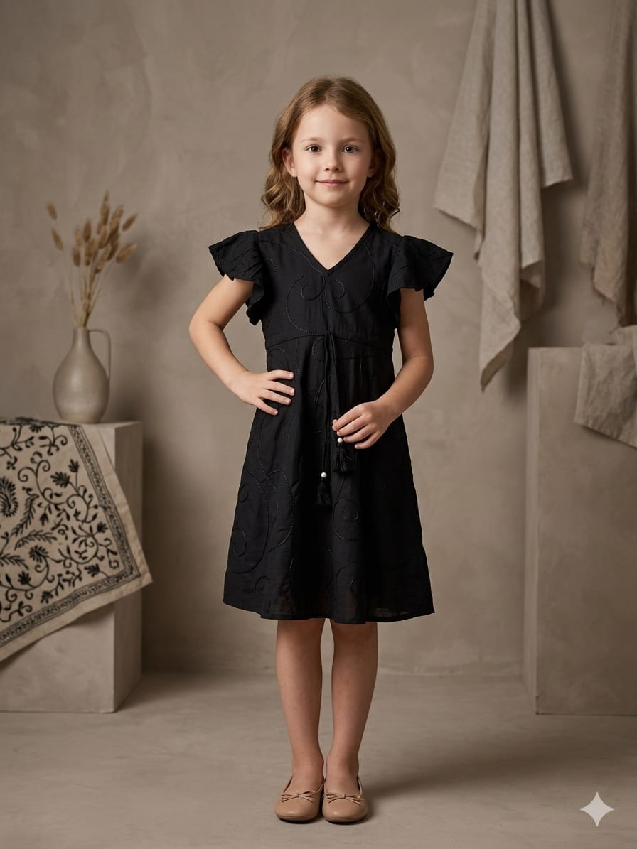 Baby Girls Black Rayon Umbrella Style A-Line Dress with Drawstring Waist