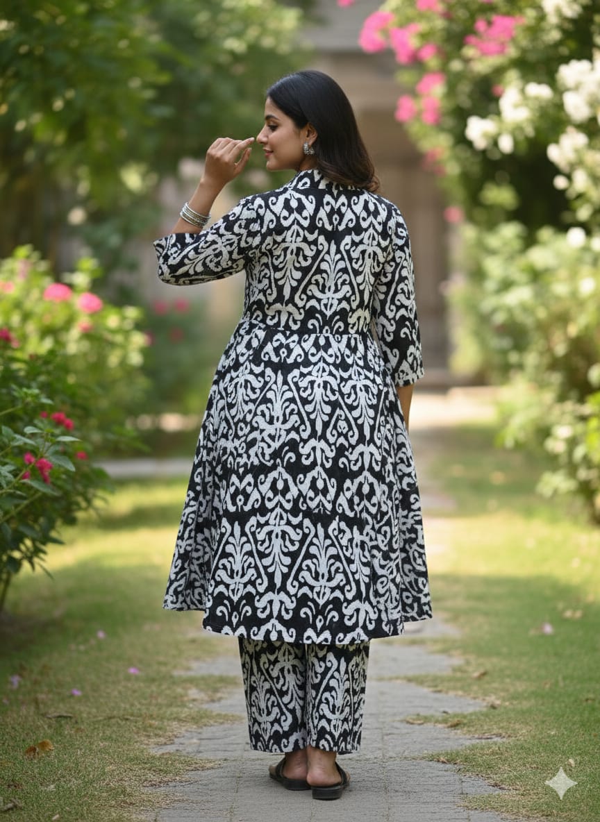 Women’s Black & White Ikat Printed Cotton Kurta Set with Straight Pants