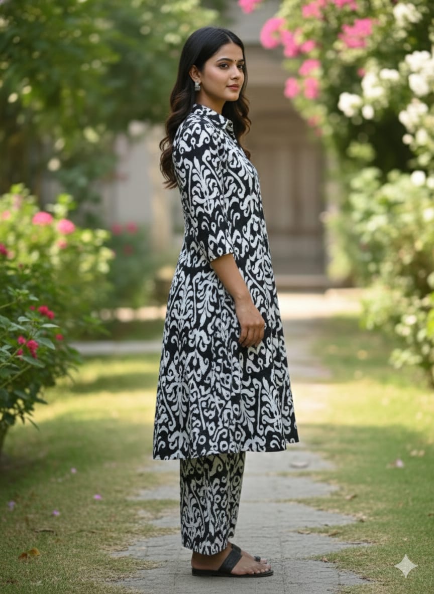 Women’s Black & White Ikat Printed Cotton Kurta Set with Straight Pants