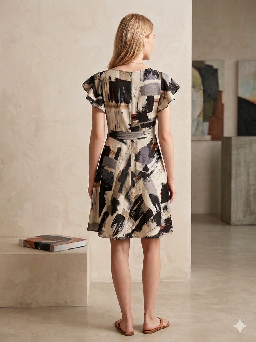Women’s Black Abstract Printed Cotton Umbrella Style A-Line Dress with Drawstring Waist