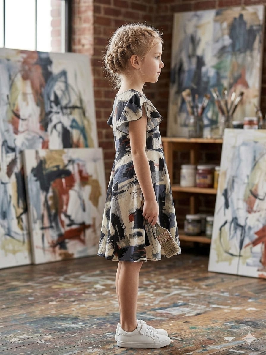 Baby Girls Black Abstract Printed Cotton Umbrella Style A-Line Dress with Flutter Sleeves