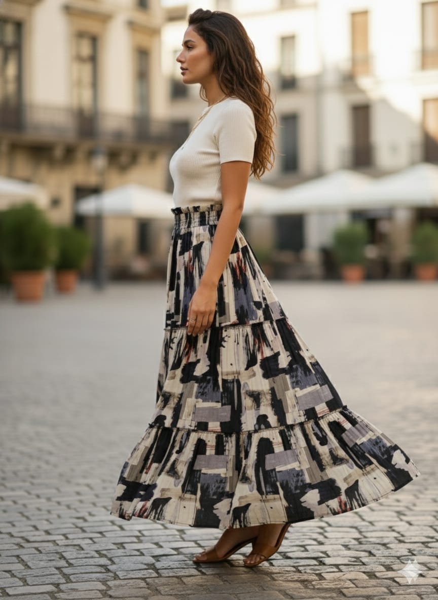 Women’s Black & Beige Abstract Printed Cotton Tiered Skirt