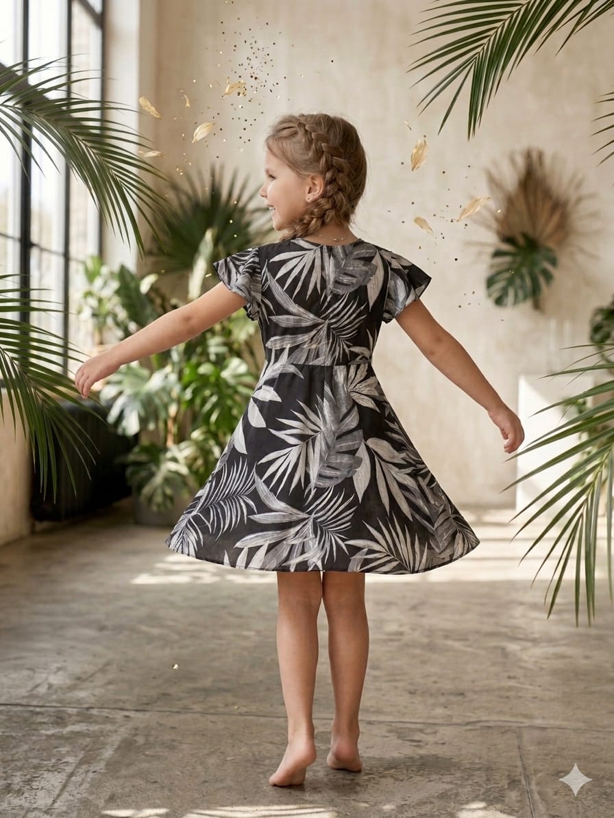 Baby Girls Black Leaf Printed Cotton Umbrella Style A-Line Dress with Flutter Sleeves