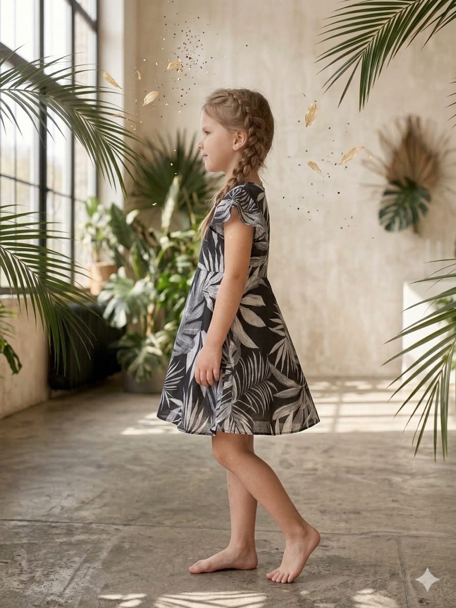 Baby Girls Black Leaf Printed Cotton Umbrella Style A-Line Dress with Flutter Sleeves