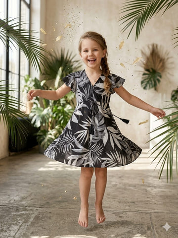 Baby Girls Black Leaf Printed Cotton Umbrella Style A-Line Dress with Flutter Sleeves