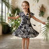 Baby Girls Black Leaf Printed Cotton Umbrella Style A-Line Dress with Flutter Sleeves
