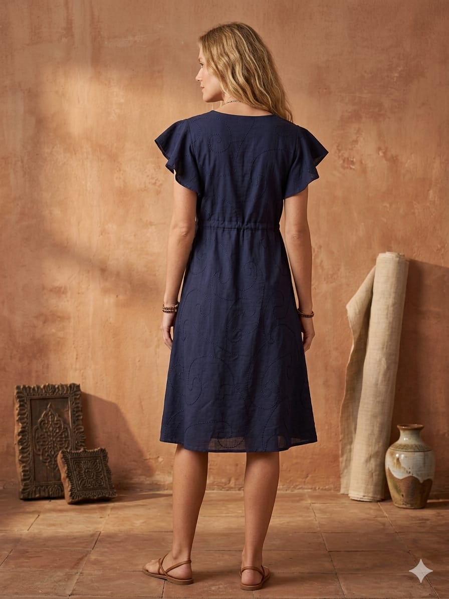 Women’s Blue Rayon Umbrella Style A-Line Dress with Drawstring Waist
