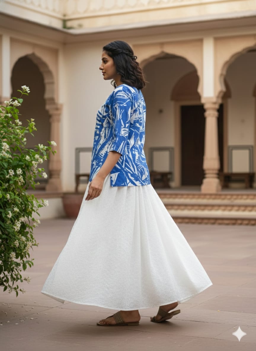 Women’s Blue Abstract Printed Cotton Kurta with Chikankari Flared Skirt Set