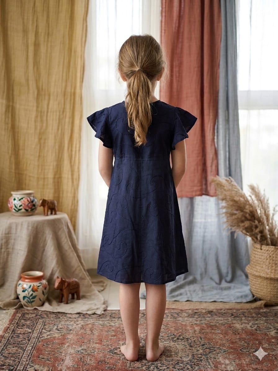 Baby Girls Blue Rayon Umbrella Style A-Line Dress with Drawstring Waist
