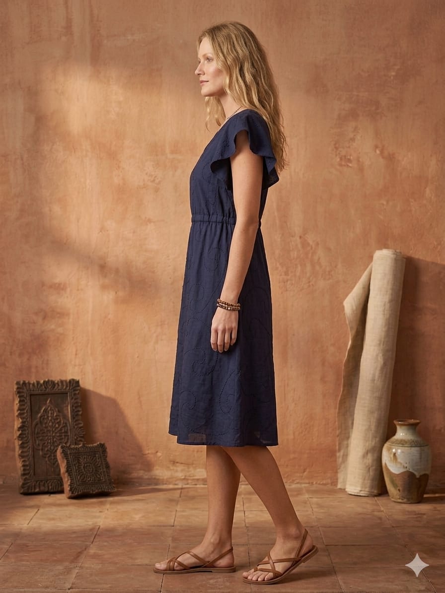 Women’s Blue Rayon Umbrella Style A-Line Dress with Drawstring Waist