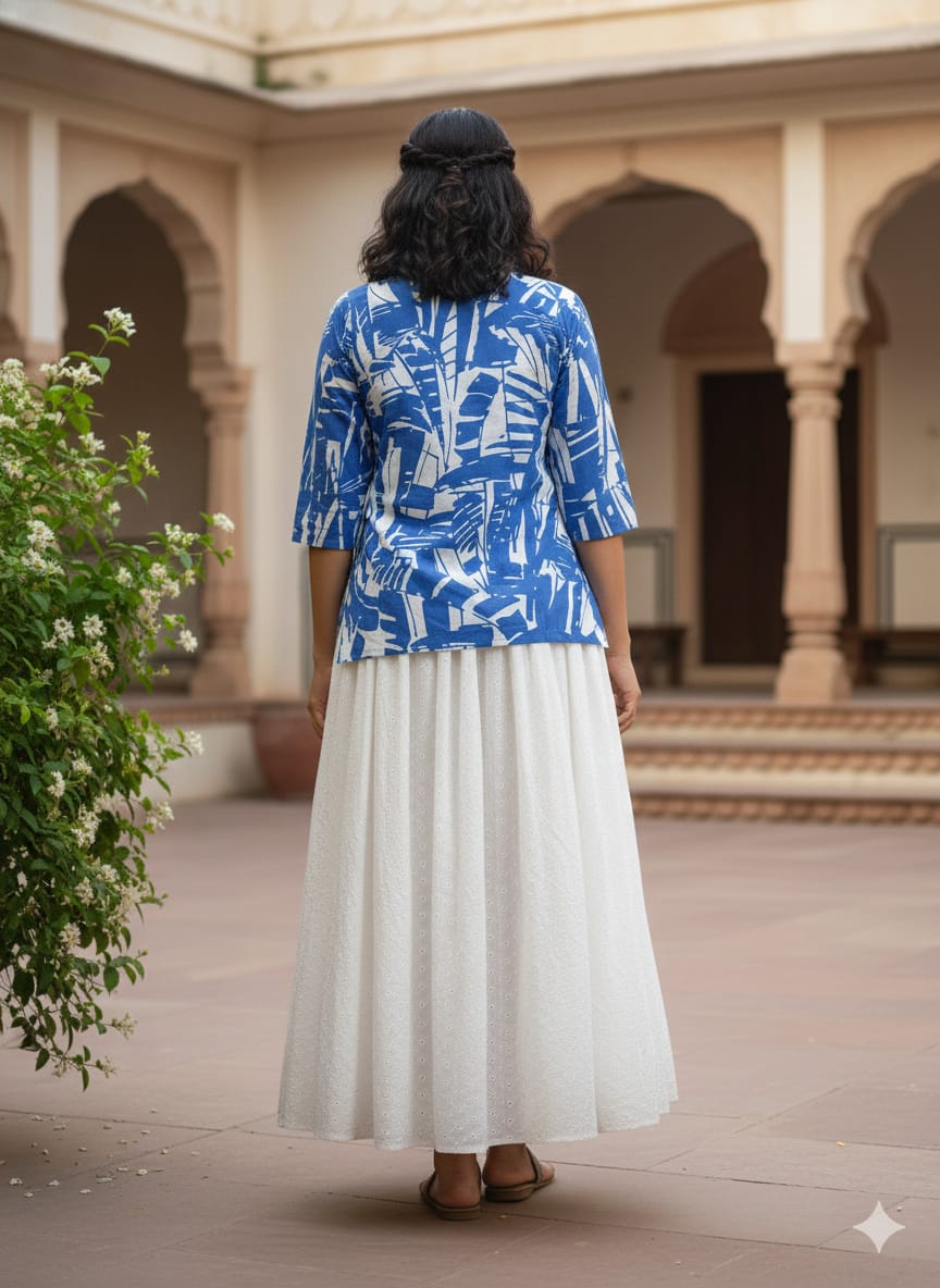 Women’s Blue Abstract Printed Cotton Kurta with Chikankari Flared Skirt Set