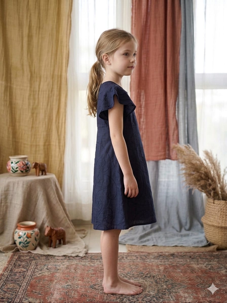 Baby Girls Blue Rayon Umbrella Style A-Line Dress with Drawstring Waist