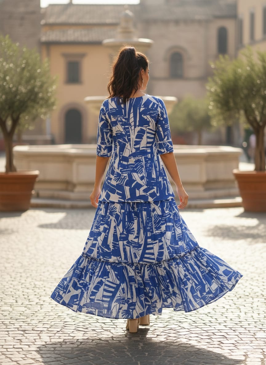 Women’s Blue Abstract Printed Cotton Kurta with Flared Skirt Set