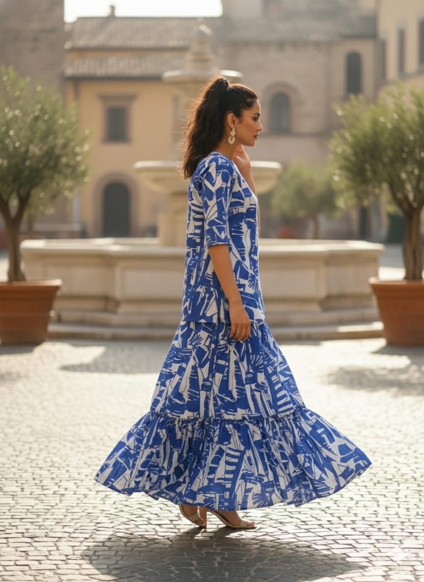 Women’s Blue Abstract Printed Cotton Kurta with Flared Skirt Set