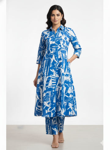 Women’s Blue Abstract Printed Cotton Kurta Set with Straight Pants