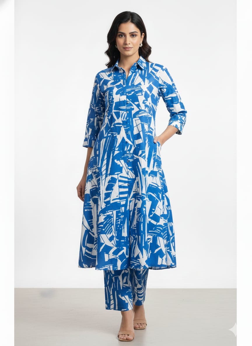 Women’s Blue Abstract Printed Cotton Kurta Set with Straight Pants