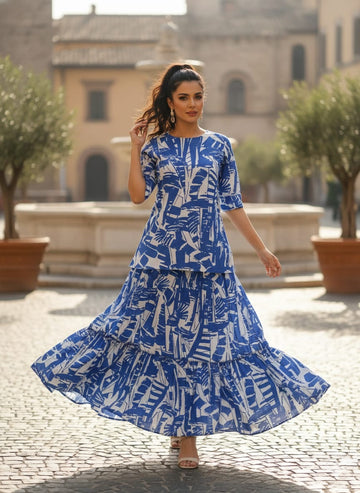 Women’s Blue Abstract Printed Cotton Kurta with Flared Skirt Set