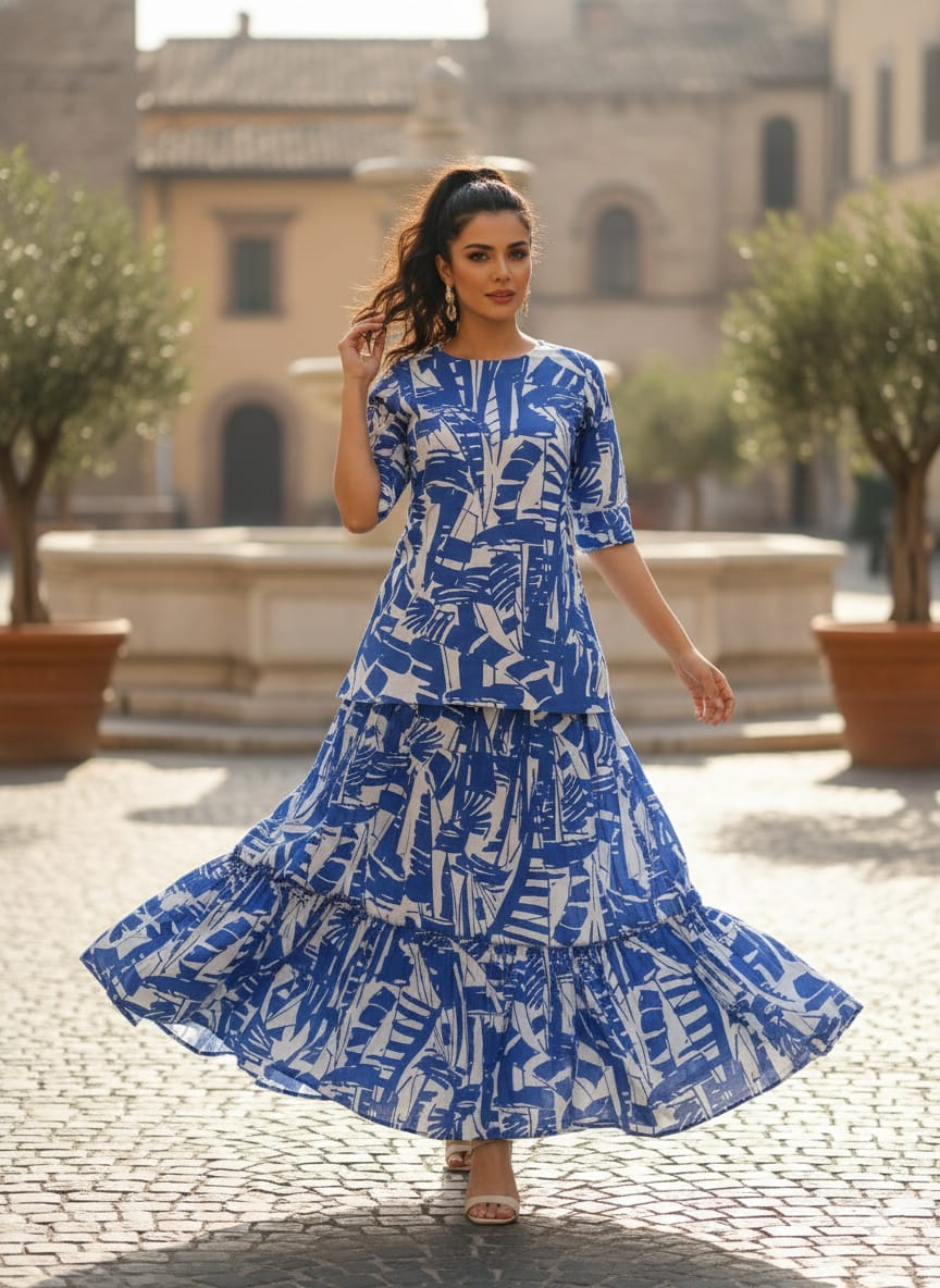 Women’s Blue Abstract Printed Cotton Kurta with Flared Skirt Set