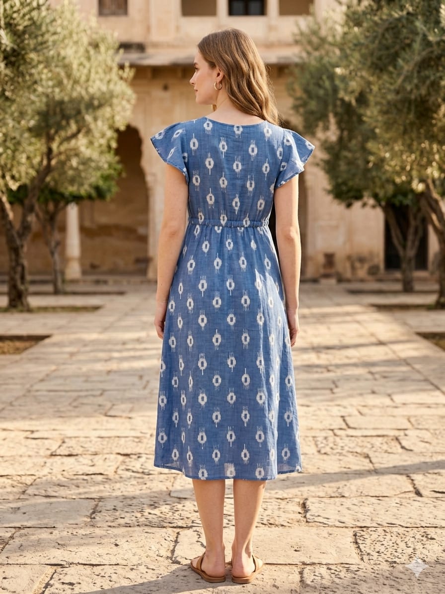 Women’s Blue Boota Printed Cotton Umbrella Style A-Line Dress with Drawstring Waist