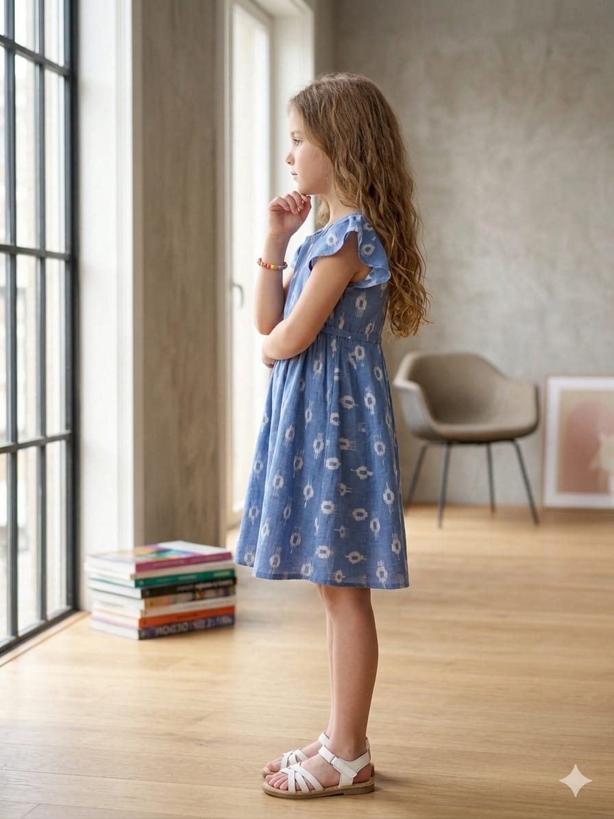 Mom & Me Blue Boota Printed Cotton Umbrella Style A-Line Dress with Drawstring Waist